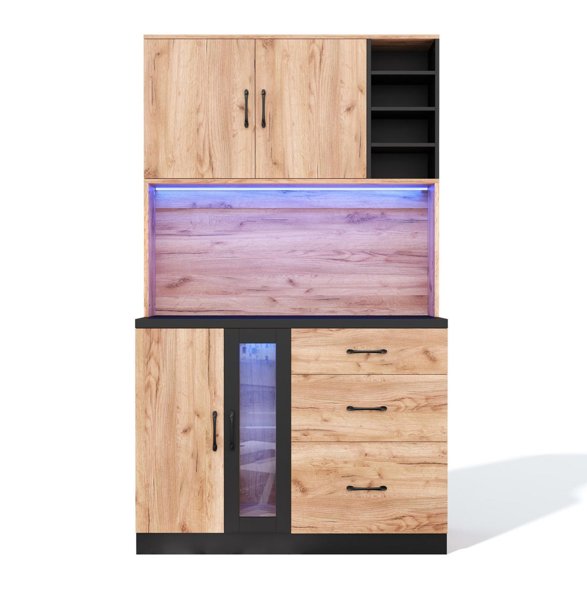 BUFFET 105/40/180 cm aus MDF mit LED-Beleuchtung und Steckdosenleiste Schwarz (Holzoptik) - Naturfarben, Holzwerkstoff (105/180/40cm) - Modenvie
