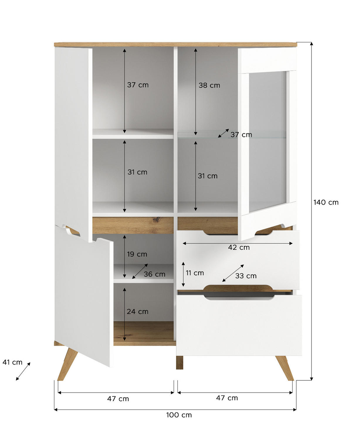 HIGHBOARD weiß, Eiche 100 x 140 cm, Anrichte mit Soft-Close - Eichefarben/Weiß, Holzwerkstoff/Metall (100/140/40cm) - Inn.Furn