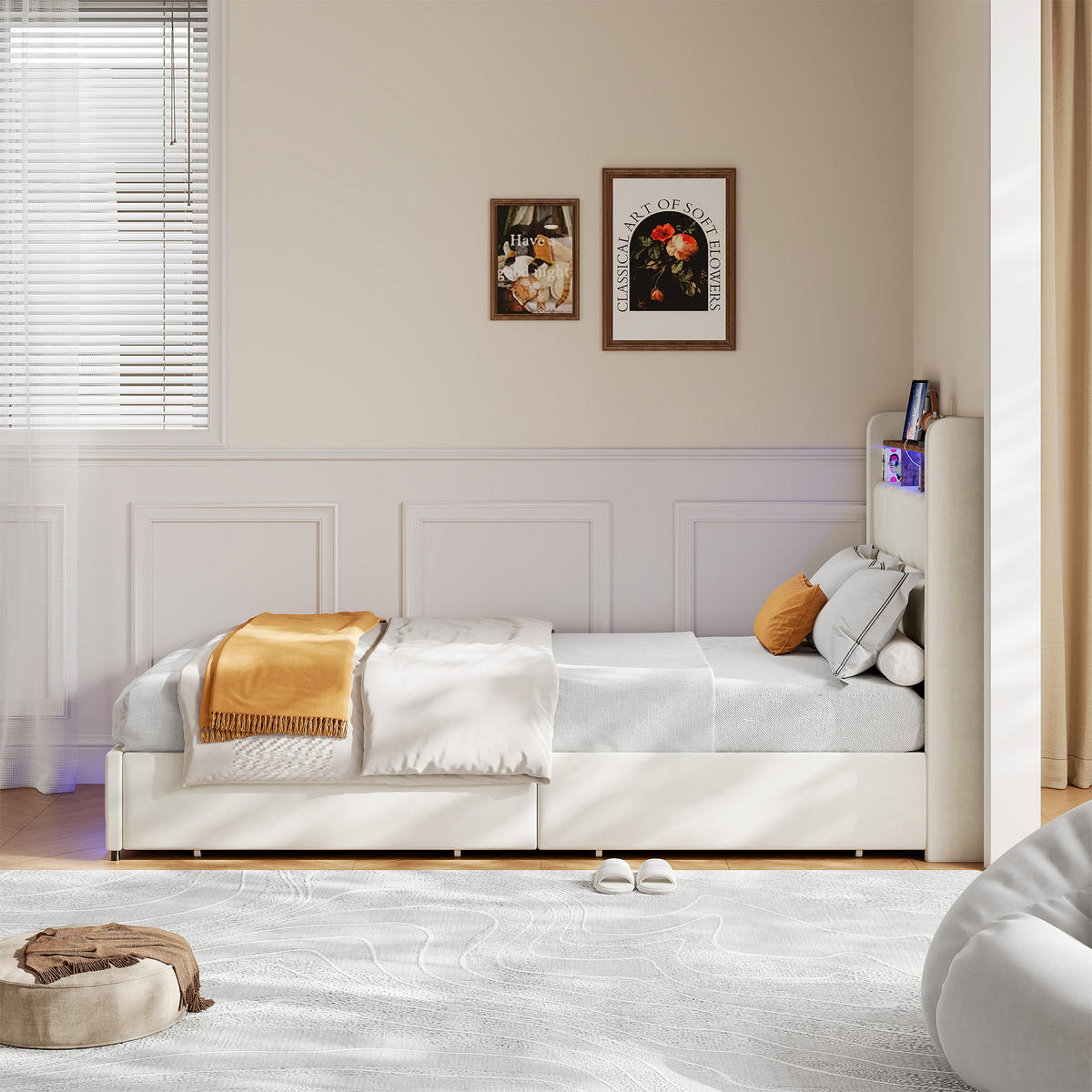 POLSTERBETT 90x200 cm Beige mit LED, 2 Schubladen, Kopfteil mit Ablage und Stauraum - Beige, Metall (90/200cm) - EuroLiving