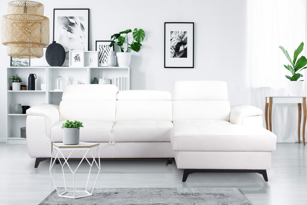 ECKSOFA VOLA Weiß Velours-Stoff mit Schlaffunktion - Weiß, Holz (270/175cm) - MASSENO