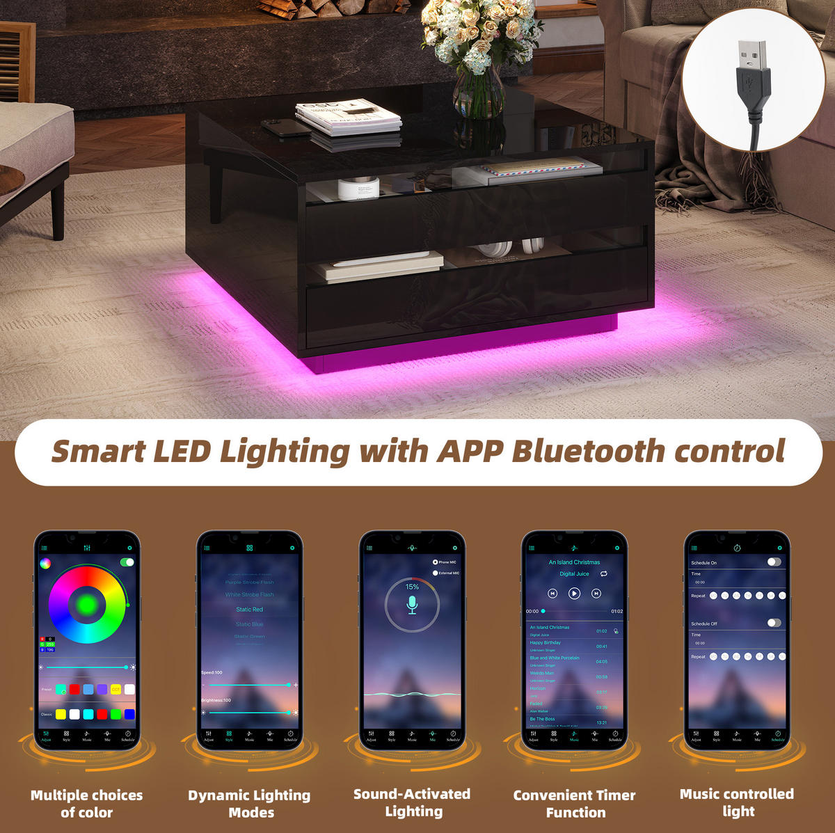 COUCHTISCH 70/70/38 cm schwarz aus Spanplatte mit LED-Lichtstreifen und Stauraum - Schwarz, Holzwerkstoff (70/70/38cm) - OKMYHOME