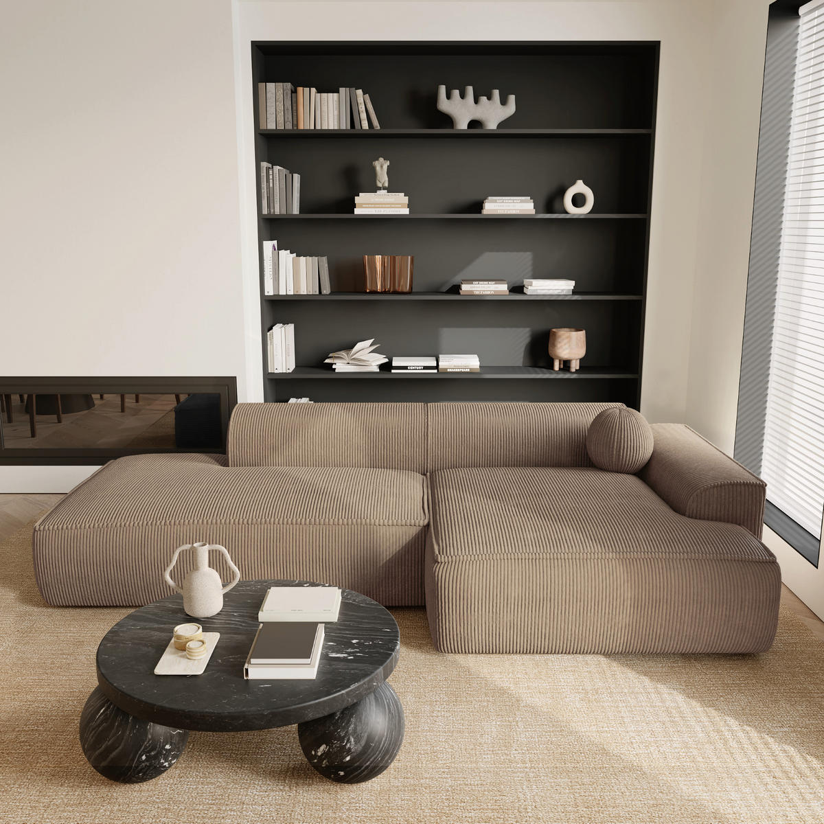 ECKSOFA RECHTS Gerippter Samt Taupe 300cm - Taupe, Textil (300/155cm) - Sia Home