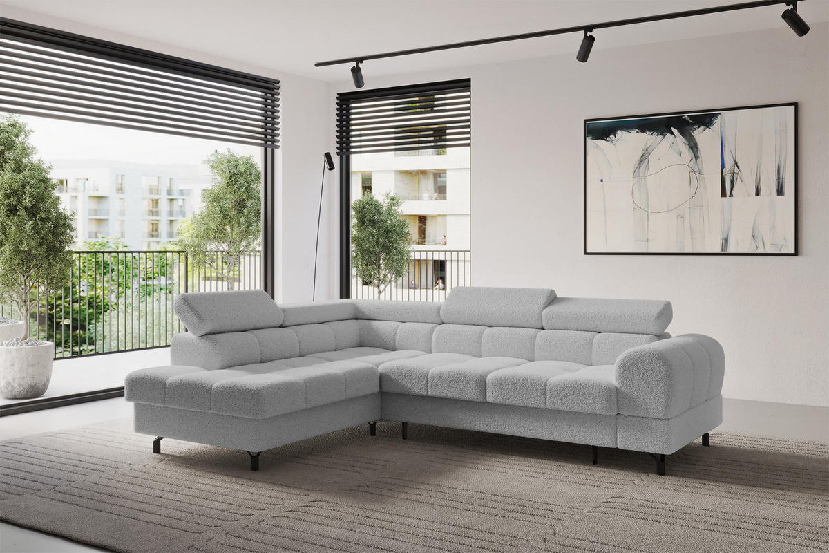 ECKSOFA mit Schlaffunktion Ottomane Links LUMA-L 272x203x70 Hellgrau Bouclé - Edelstahlfarben/Schwarz, Holzwerkstoff/Kunststoff (272/203cm) - ALTDECOR