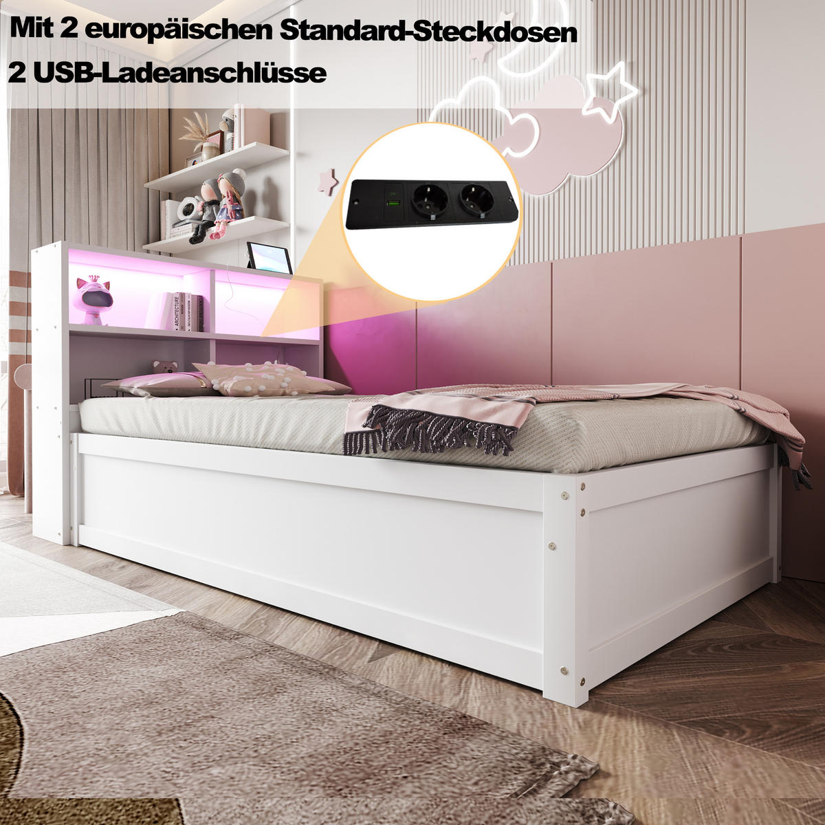 SOFA KREVET 90x200 Bijeli Hidraulični LED Spremnik - bijela, drvo (90/200cm) - FLIEKS