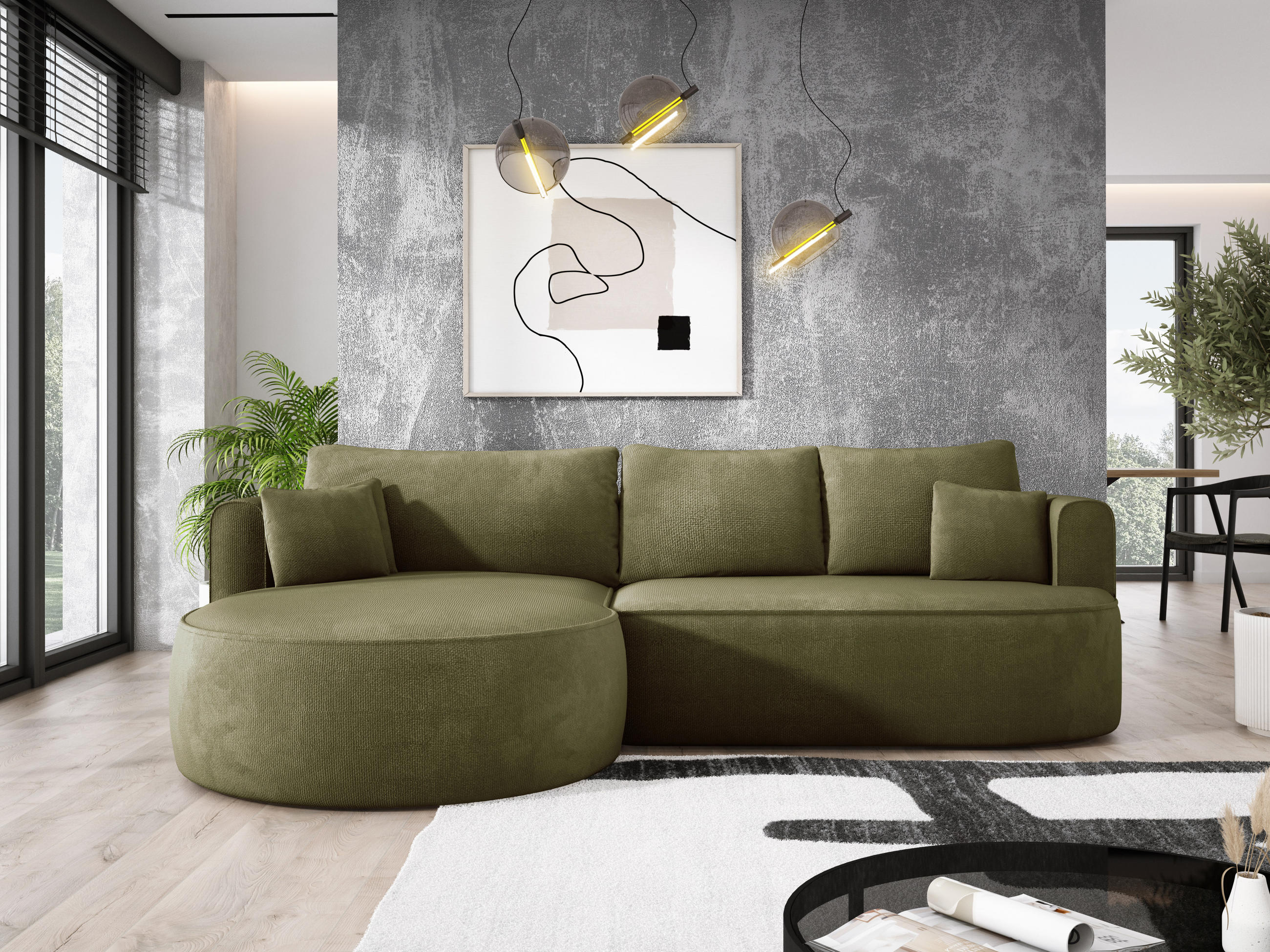 ECKSOFA FIORE-L Moderne Ausziehbare Schlaf-Funktion, automatischer Auffaltung, lose Rückenkissen freistehend LINKS 284x183x82 cm cm Green - Grün, Holz/Textil (183/284cm) - DomoHome