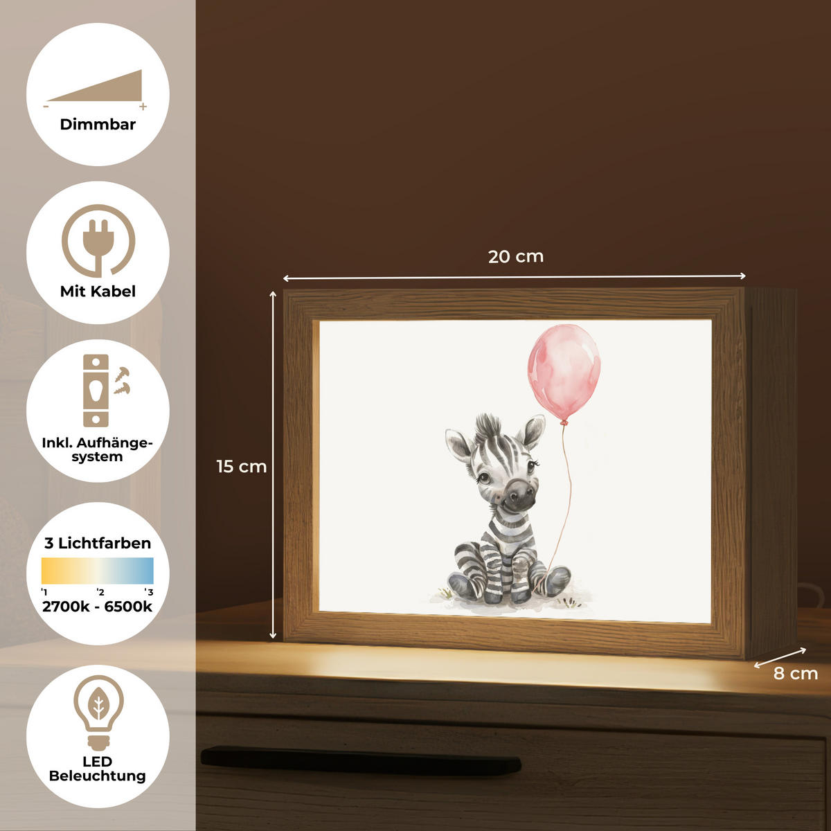 NACHTTISCHLAMPE Zebra - Baby - Tiere - Rosa Luftballon 20x15 cm - Weiß, Holzwerkstoff (8/20/15cm)