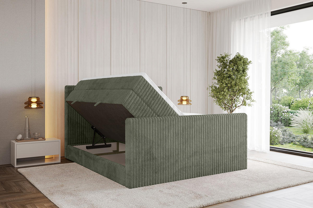 BOXSPRINGBETT mit Matratze H3|H4 und Lattenrost - TOLO-Z KING 200x200 Cord - Olive - Olivgrün, Holzwerkstoff (200/200cm) - ALTDECOR
