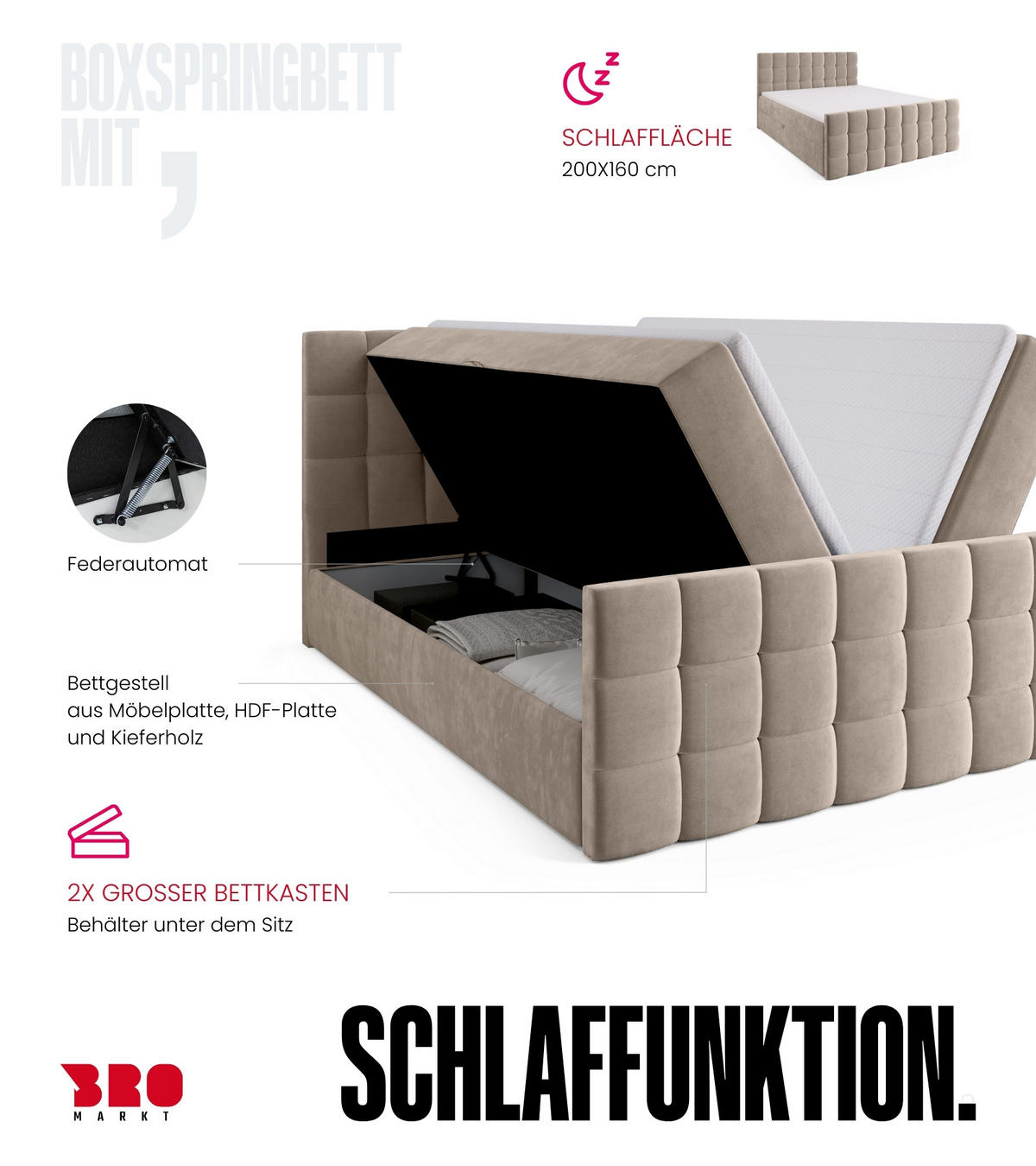 BOXBETT Dakota Duo mit Topper 160/200 Hellbeige - Creme, Holz/Textil (160/200cm) - Bromarkt