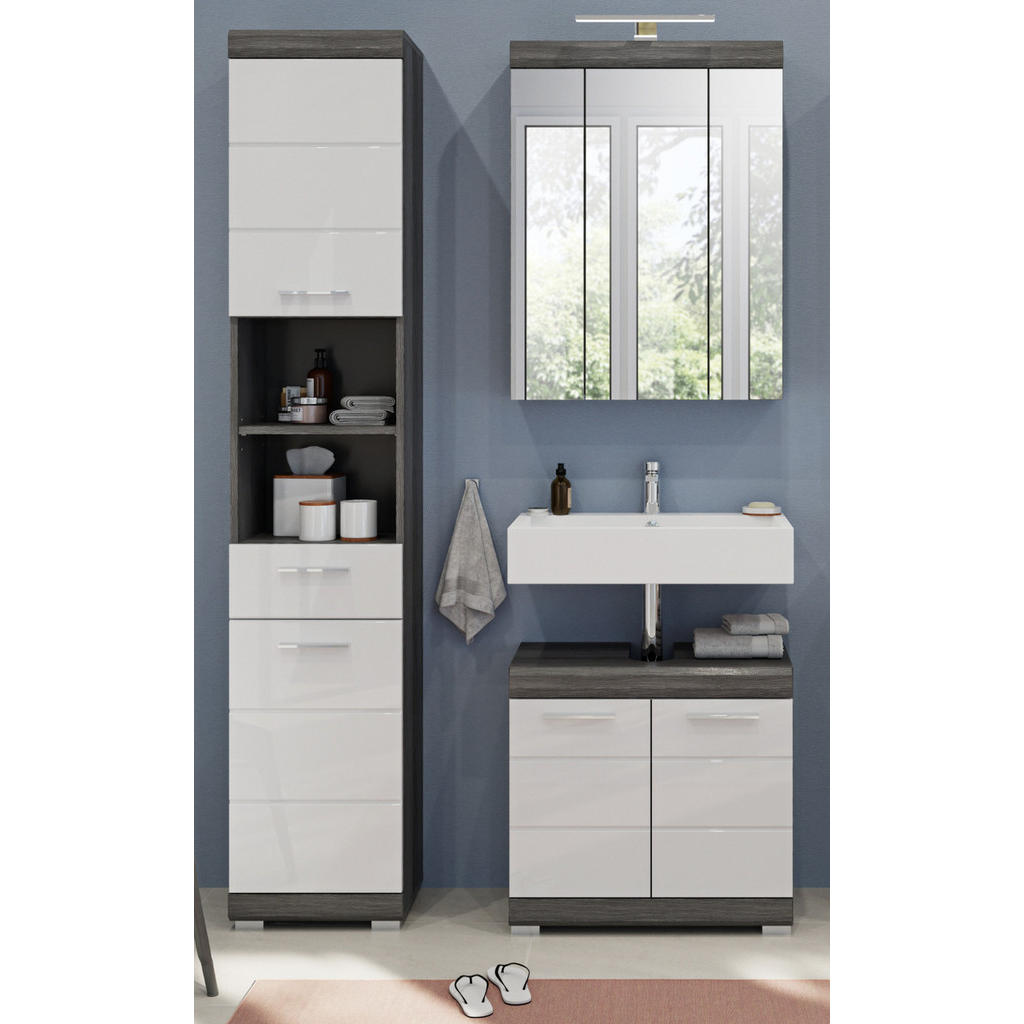 Thumbnail - Inn.Furn Badmöbel-Set, Weiß Hochglanz, Grau, Kunststoff, Uni, 9 Fächer, Rechteckig, 112x191x34 cm, FSC Mix, Badezimmer, ...