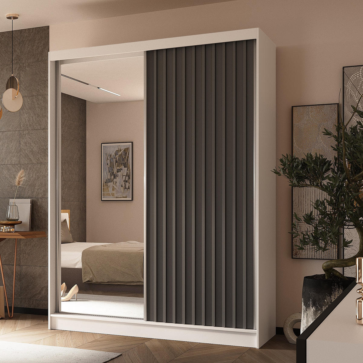 SCHWEBETÜRENSCHRANK LAMELLO 160/216/61 cm 2-türig mit Spiegel Weiß - Weiß/Grau, Holzwerkstoff (160/216/61cm) - MASSENO