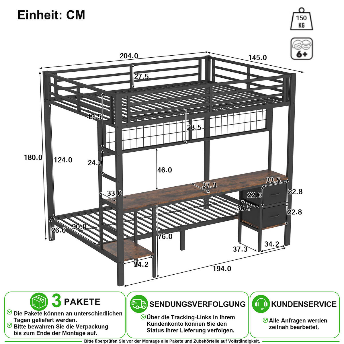 HOCHBETT 140/200 cm in Schwarz mit Schreibtisch, Schubladen, Regal, Gitter, LED und USB - Schwarz, Holzwerkstoff/Metall (140/200cm) - CHICFURN