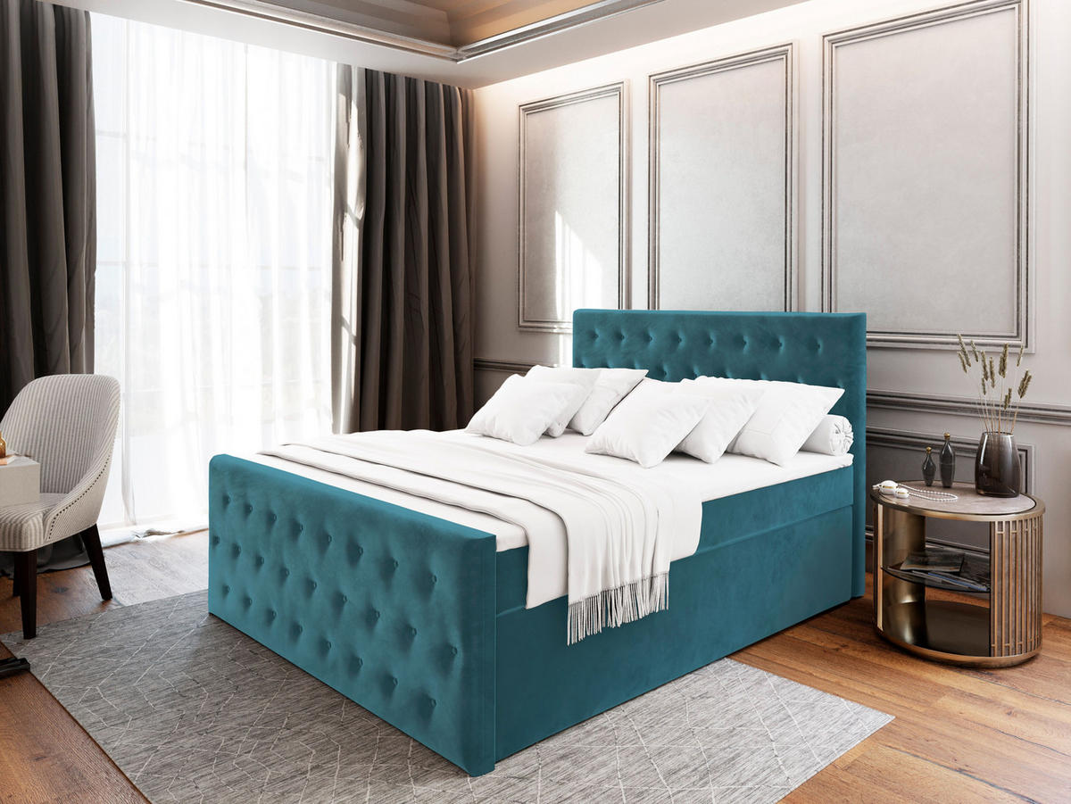 BOXBETT FONDI 140x200 cm mit Matratze und Topper - Blau - Blau, Holz (140/200cm) - MASSENO