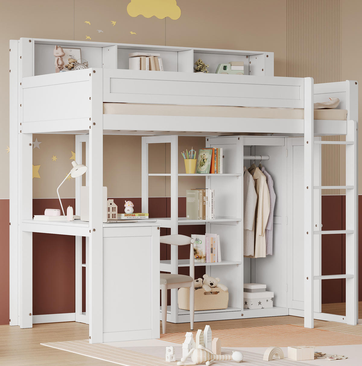 ETAGENBETT mit Tisch und Kleiderschrank, Weiß, 90/200 cm - Weiß, Holz (90/200cm) - MIVRAY