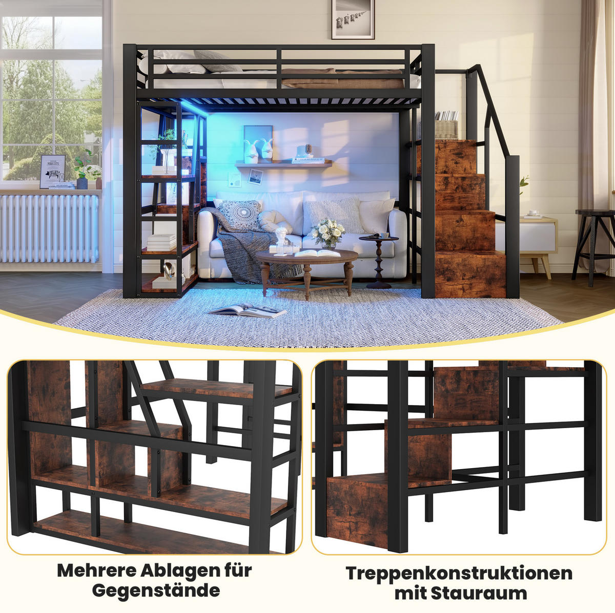 HOCHBETT 140/200 cm in Schwarz mit LED-Beleuchtung und Stauraumtreppe - Schwarz, Holzwerkstoff (140/200cm) - Flora Grace