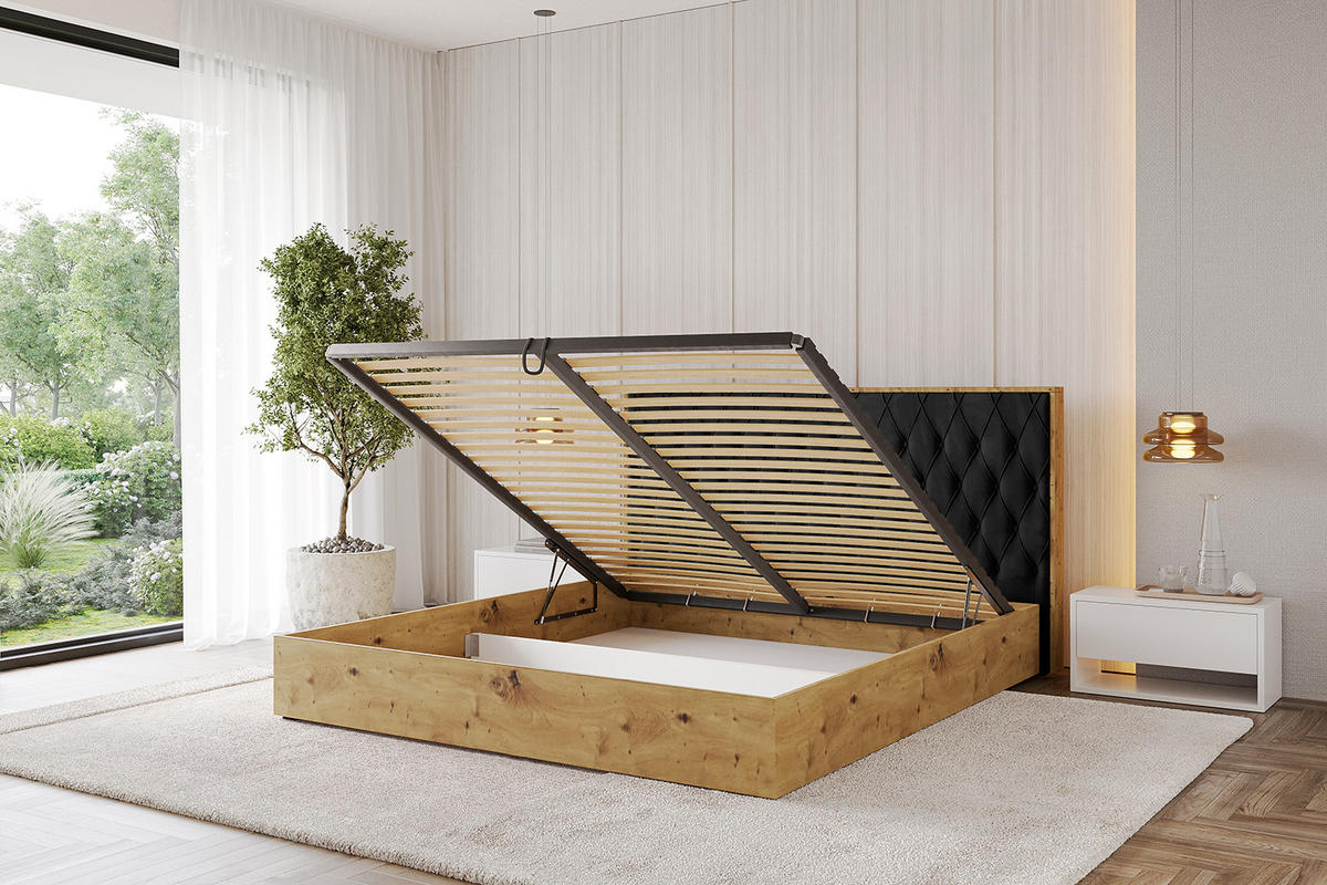 POLSTERBETT mit Bettkasten und Lattenrost, Bett mit Matratze H3/H4 - ENZO5 120x200 Schwarz - Schwarz, Holzwerkstoff/Textil (120/200cm) - ALTDECOR
