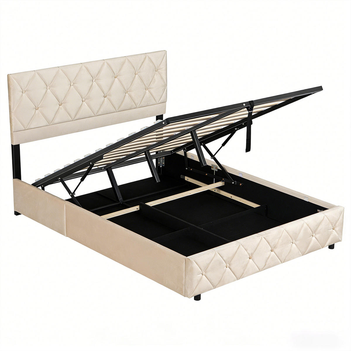 POLSTERBETT 140/200 cm in Beige Samt mit Bettkasten, hydraulischem Doppelhub-System und Lattenrost - Beige, Holzwerkstoff/Textil (140/200cm) - CHICFURN