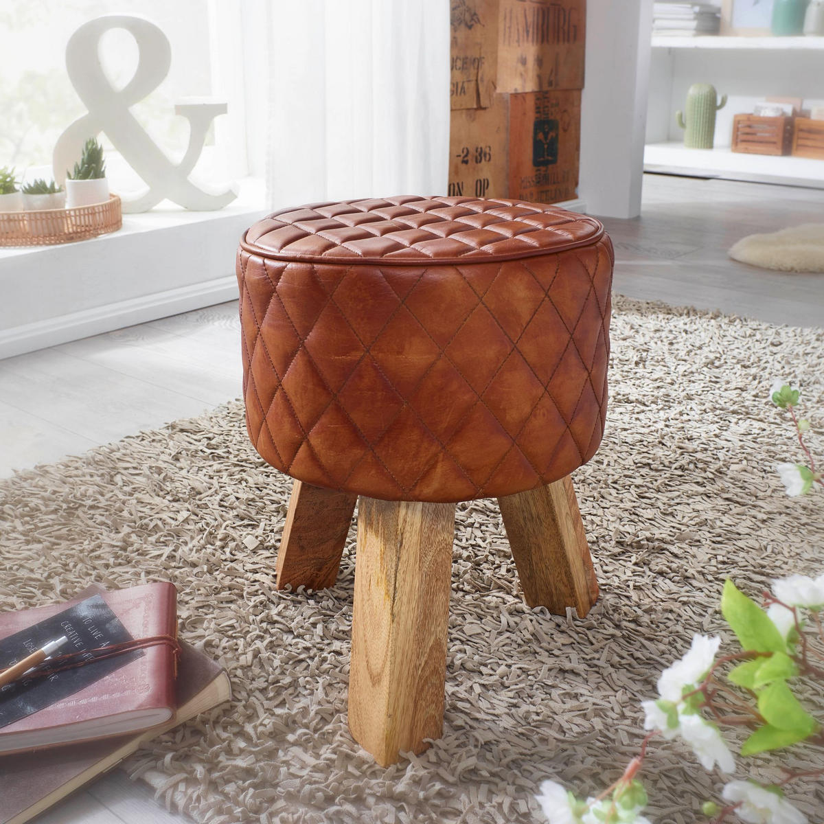 SITZHOCKER – Holz/Leder, 46 cm, Rautenmuster, Braun - Braun, Mangoholz/Leder (35/46/35cm) - KADIMA DESIGN