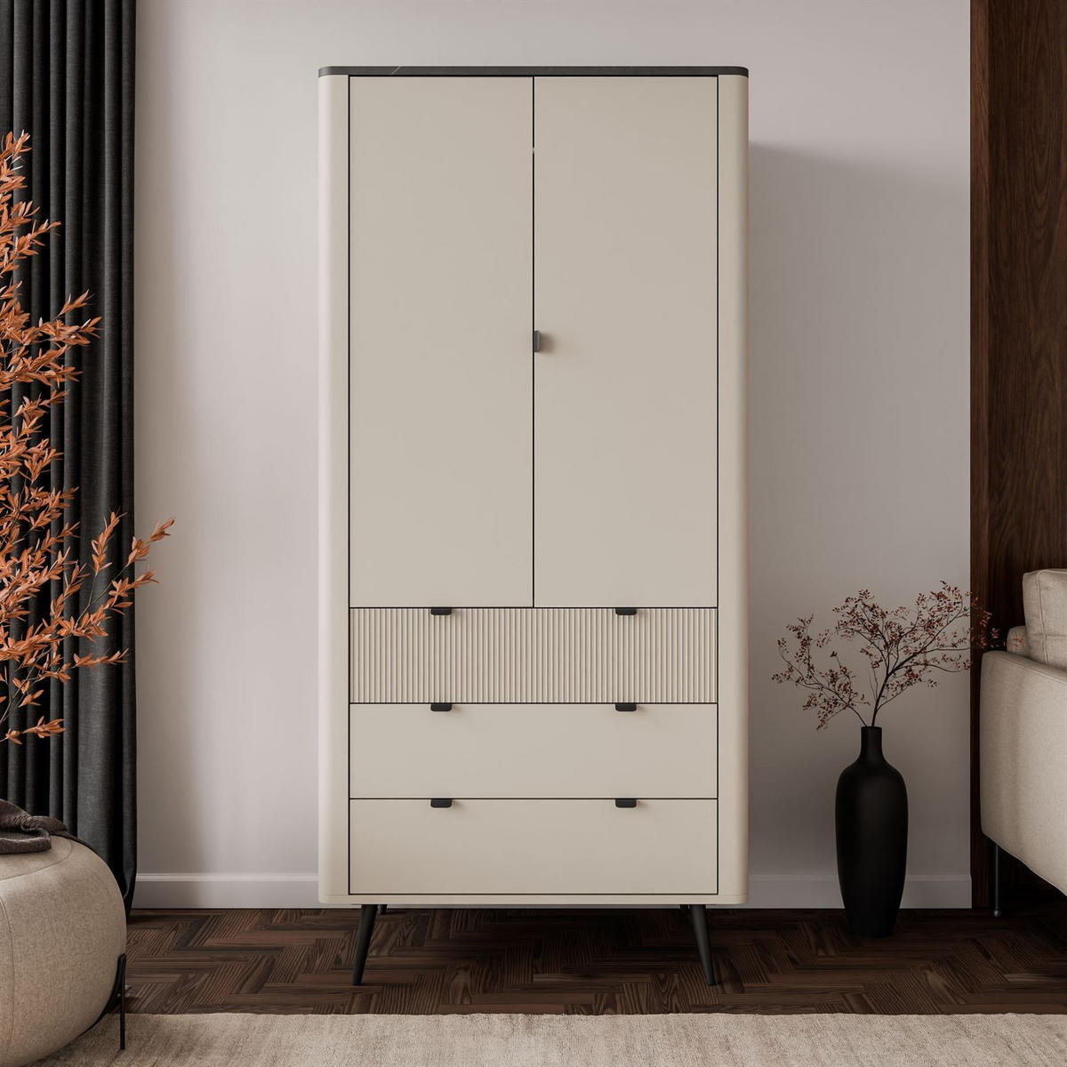 KLEIDERSCHRANK AUTUMN 2D3S zweitürig mit Schubladen, Kaschmir / Grauer Stein - Beige/Grau, Holzwerkstoff (90/191/40cm) - Lookway
