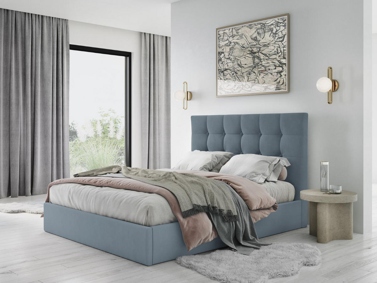 BETT mit Bettkasten und Kopfteil Phaedra aus Samt blau 140x200cm - Hellblau, Textil (140/200cm) - Micadoni