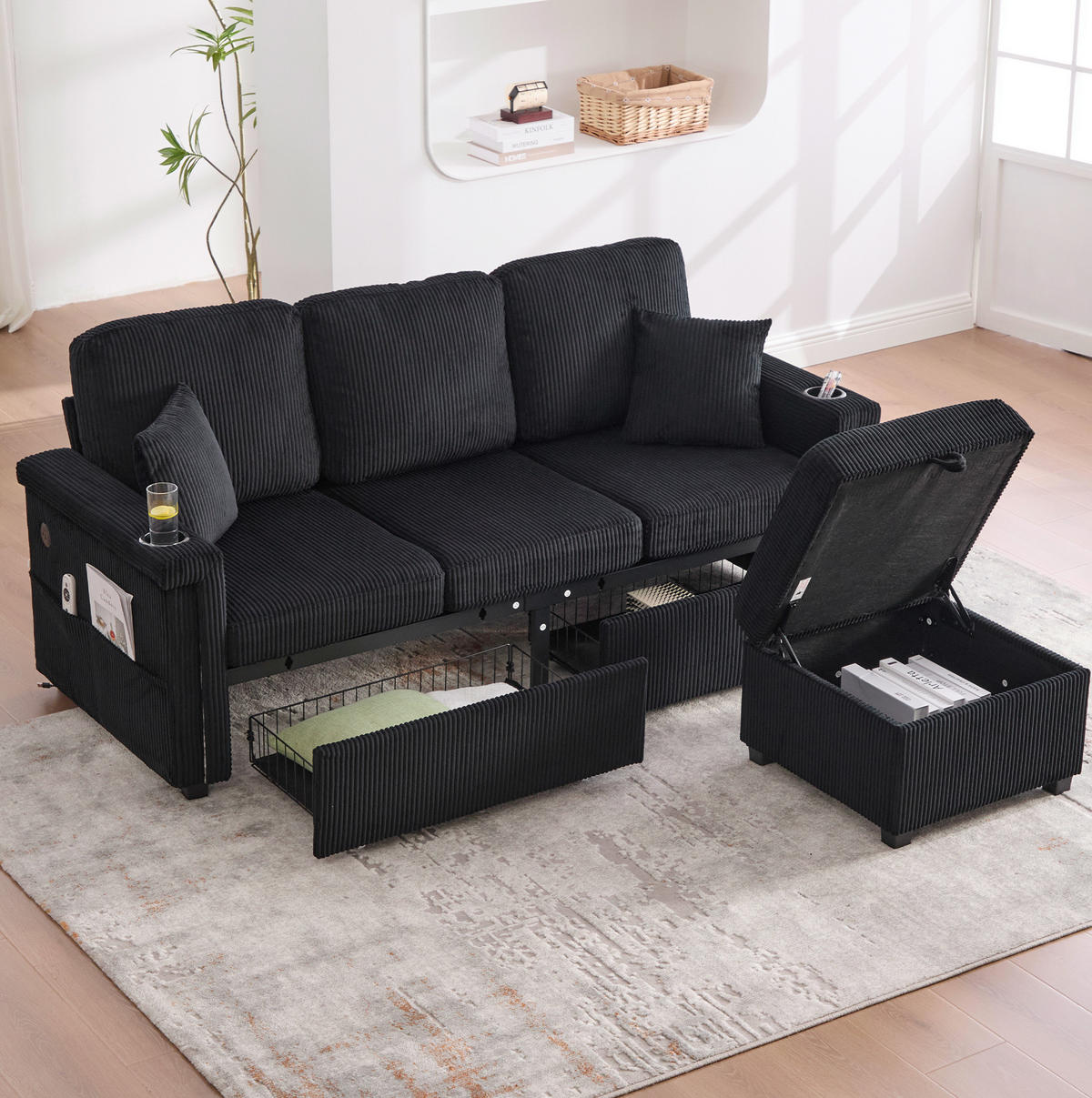 SOFA mit LED und USB/Type-C ca. 194 x 73 x 81 cm Corduroy Schwarz - Schwarz, Kunststoff (194/81/73cm) - Meubliv