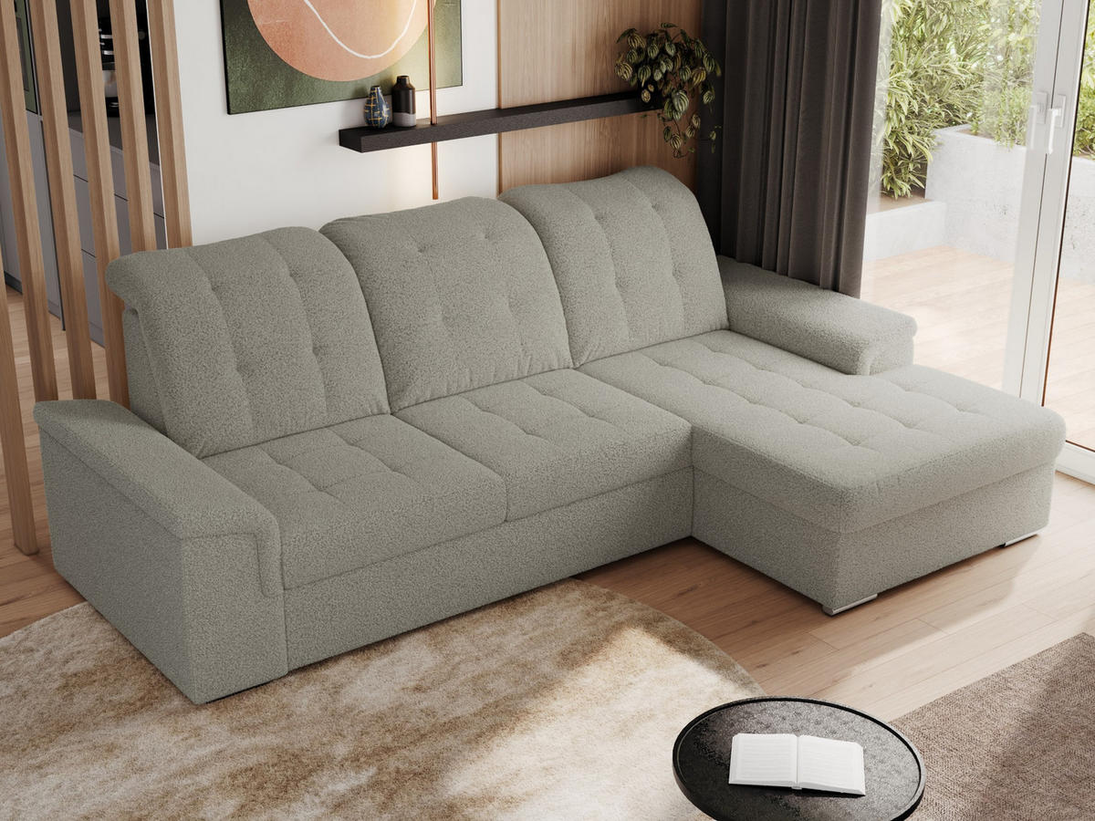 ECKSOFA MADRITO L - Hellgrau Boucle - Rechts - Silberfarben/Hellgrau, Textil/Metall (256/160cm)