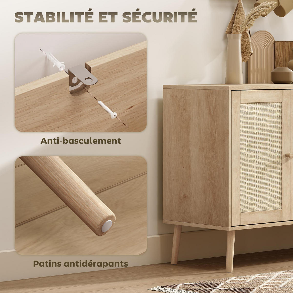 SIDEBOARD DE-11246 2 Türen mit Rattan & verstellbaren Böden Naturholz - Naturfarben, Holzwerkstoff (140/75/40cm) - ComfortXL