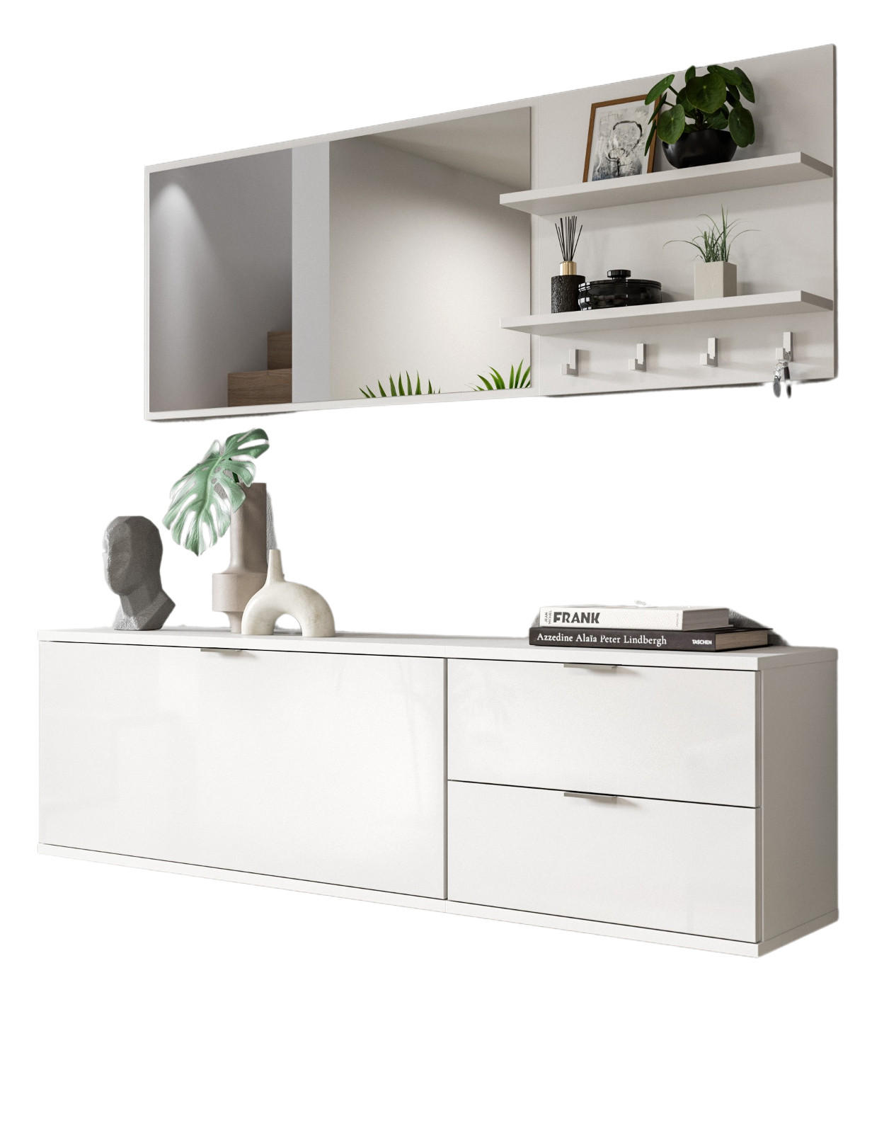 GARDEROBE Set 4-teilig weiß Hochglanz 144 cm, Garderobenkombination mit Spiegel hängend - Chromfarben/Weiß Hochglanz, Holzwerkstoff/Kunststoff (144/193/34cm) - Inn.Furn