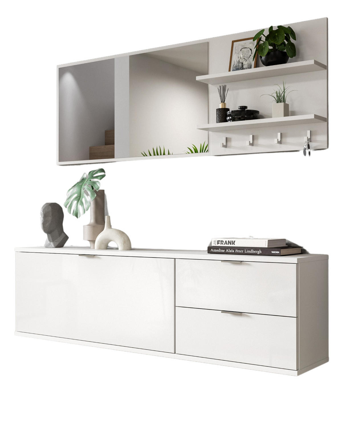 GARDEROBE Set 4-teilig weiß Hochglanz 144 cm, Garderobenkombination mit Spiegel hängend - Chromfarben/Weiß Hochglanz, Holzwerkstoff/Kunststoff (144/193/34cm) - Inn.Furn