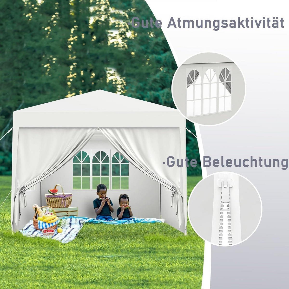 GARTENZELT 3 x 3 m mit Seitenteilen und Fenstern Weiß - Weiß, Textil (300/250/300cm)