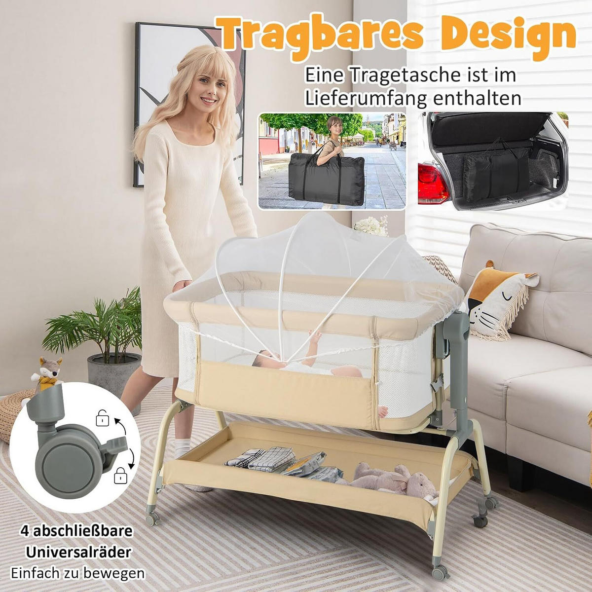 BABYWIEGE faltbar beige - Beige, Textil - COSTWAY
