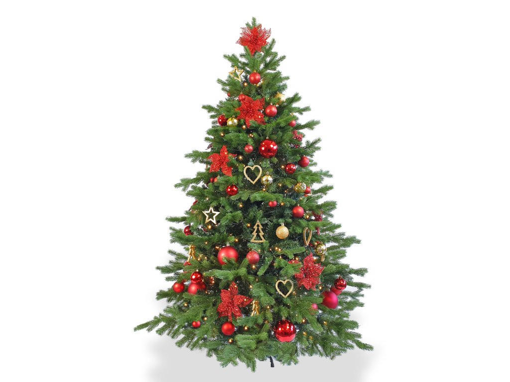 WEIHNACHTSBAUM künstlicher 210 cm, WEIHNACHTSSTERNE, mit 106-teiligem Weihnachtsbaumschmuck, inkl. Metallständer und Aufbewahrungsbox - Rot/Goldfarben, Kunststoff/Metall (134/210cm) - LAALU