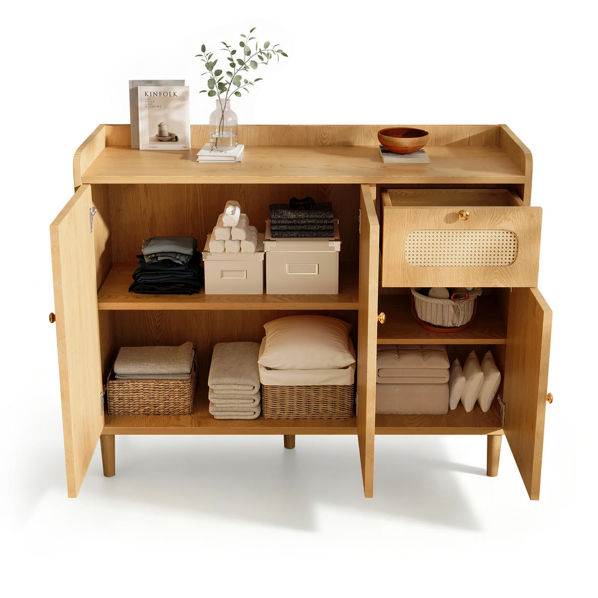 SIDEBOARD 120/40/91 cm mit Rattanfront, 3 Türen, Schublade und Soft-Close in Eichenoptik - Eichefarben/Goldfarben, Holzwerkstoff (120/91/40cm) - CHICFURN