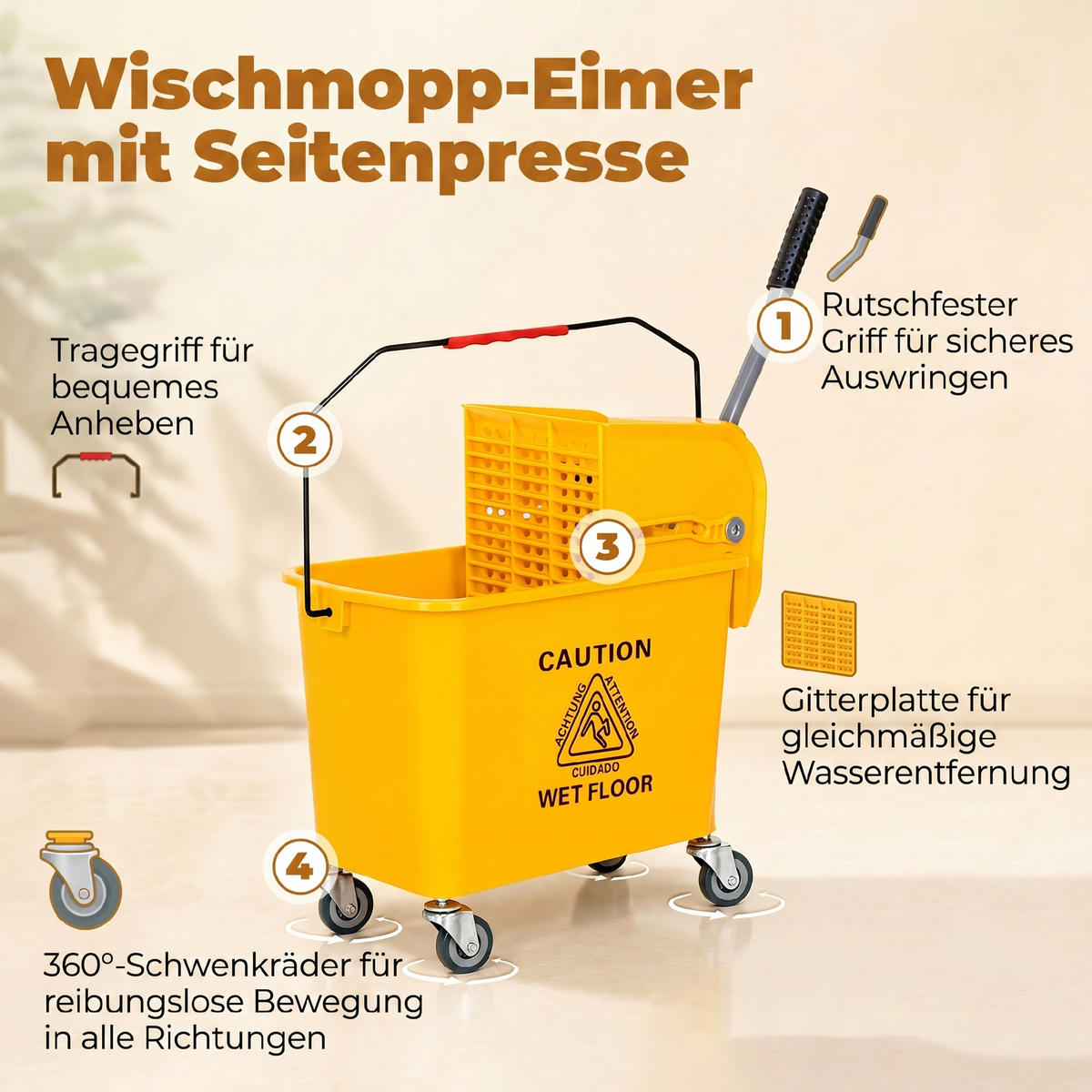 PUTZWAGEN Kunststoff Gelb - Gelb, Kunststoff (27/70.5/60cm) - HOMCOM