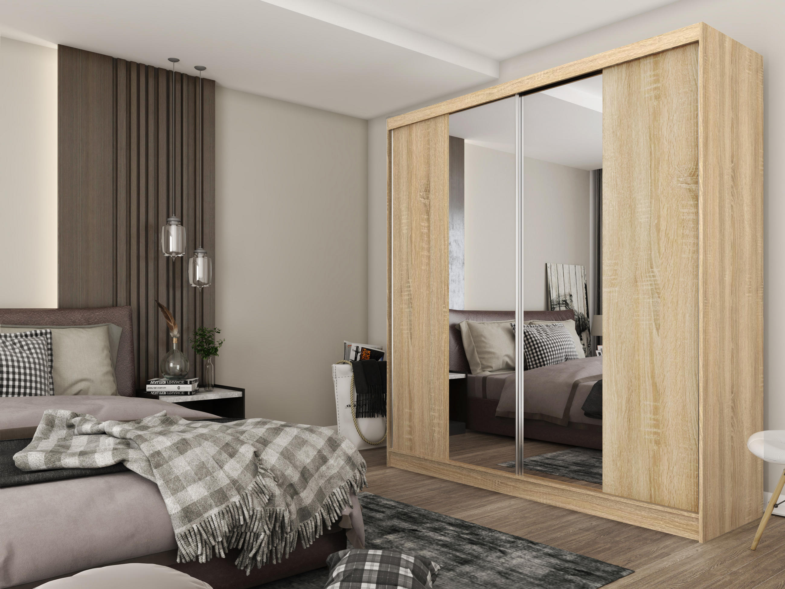 SCHWEBETÜRENSCHRANK LUCENZA 200/216/61 cm 2-türig mit Spiegel Sonoma Eiche - Sonoma Eiche, Holzwerkstoff (200/216/61cm) - MASSENO