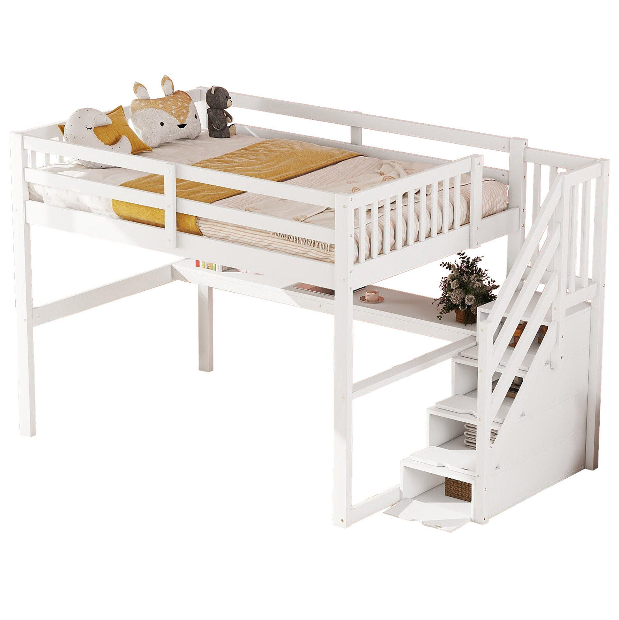 VISOKA postelja 140/200 cm bela s pisalno mizo in predali iz bora in MDF - bela, les (140/200cm) - OKWISH