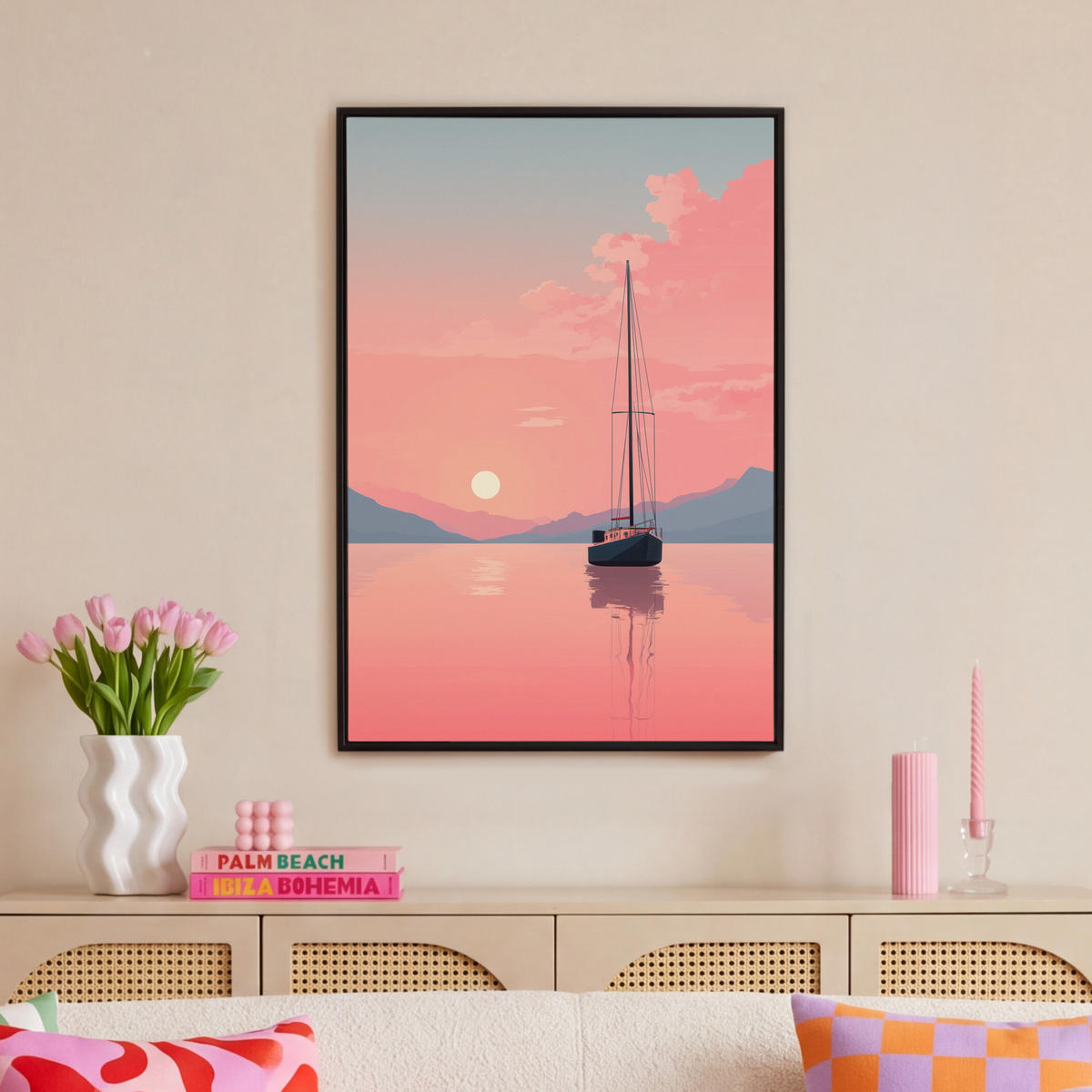 LEINWAND Bilder mit Rahmen - Segelboot - Rosa Meer - Sonnenuntergang - Berge - 60x90 - Rosa, Textil (60/90cm) - OnlyWow