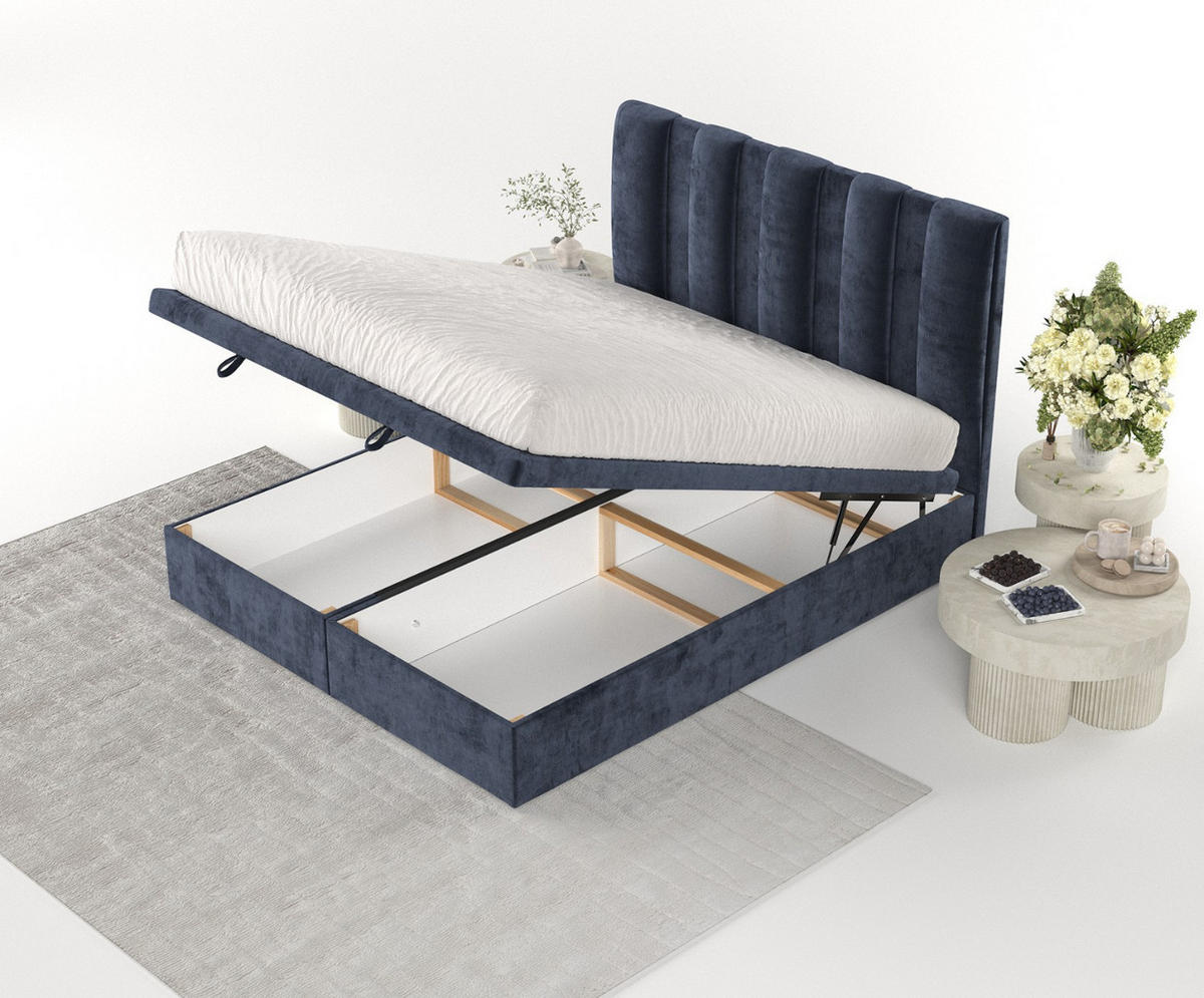 POLSTERBETT Orta mit Stauraum 120/200 cm Marineblau im Lotta Stoff - Schwarz/Dunkelblau, Holz/Holzwerkstoff (120/200cm) - AltaBeds