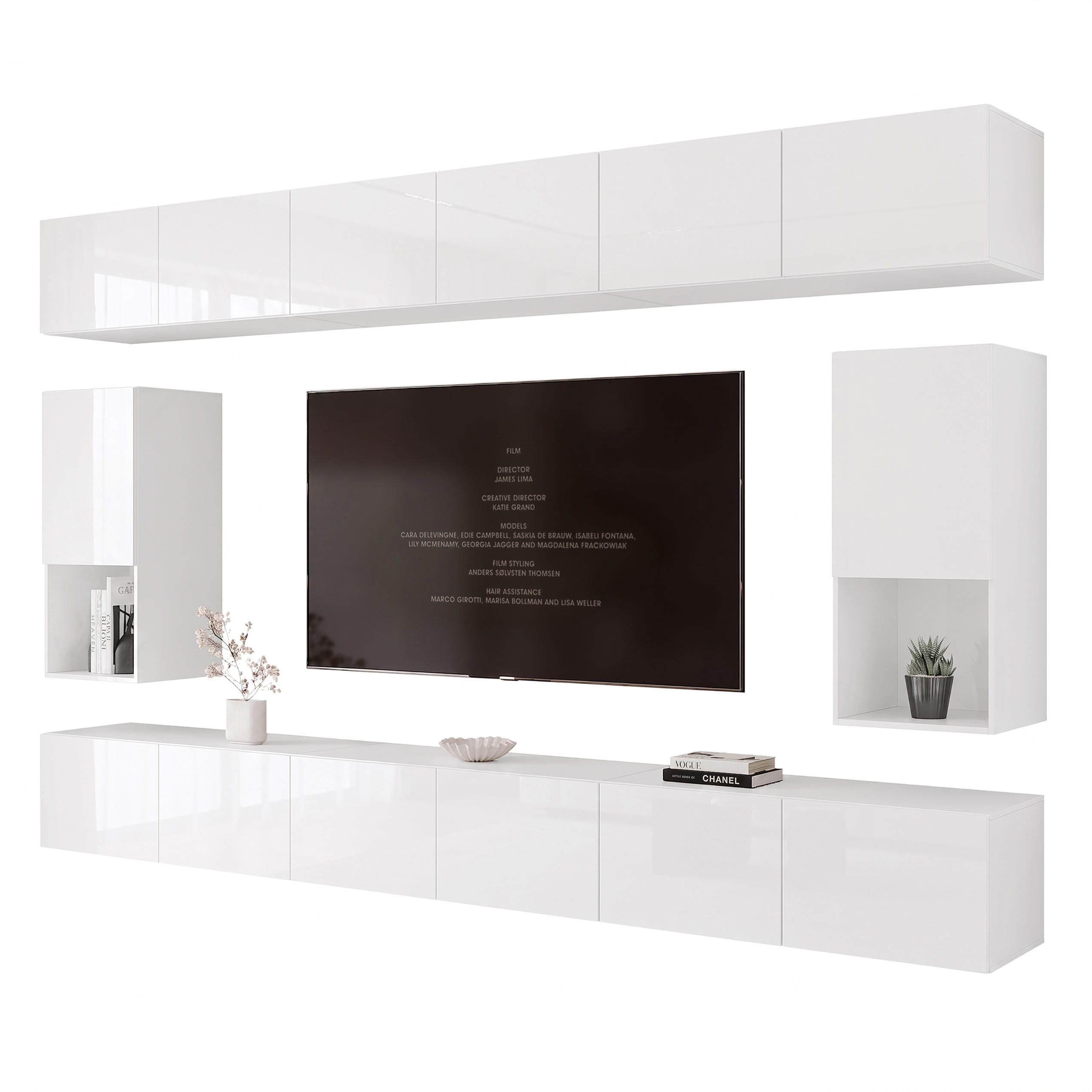 WOHNWAND ANGEL LINE IV 4-teilig, mit LED-Beleuchtung, Weiß Hochglanz - Weiß Hochglanz, Holzwerkstoff (300/162/40cm) - Idohome