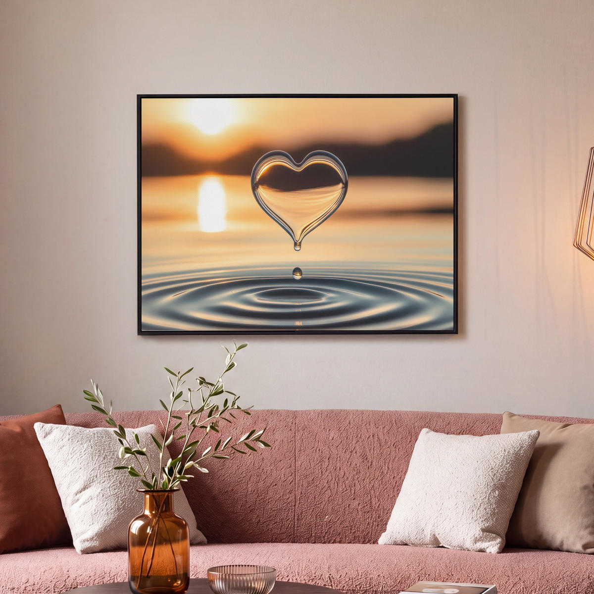 LEINWAND Bilder mit Rahmen - Herz - Wasser - Sonnenuntergang - Natur - Zen - 70x50 - Bernsteinfarben, Textil (70/50cm) - MuchoWow