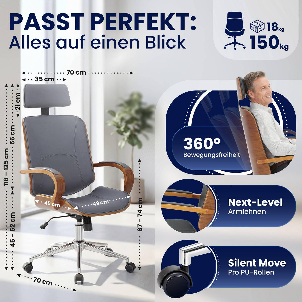 DREHSTUHL Lederlook Walnuss/Grau - Chromfarben/Walnussfarben, Textil/Metall (70/118/70cm) - CLP