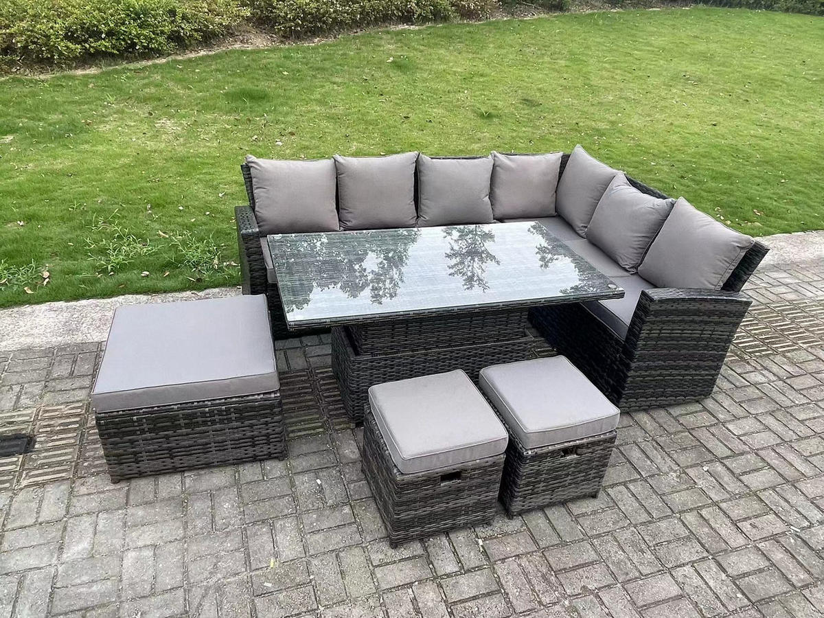 GARTENTISCHGRUPPE Polyrattan 9-Sitzer - Dunkelgrau/Grau, Glas/Kunststoff - Fimous