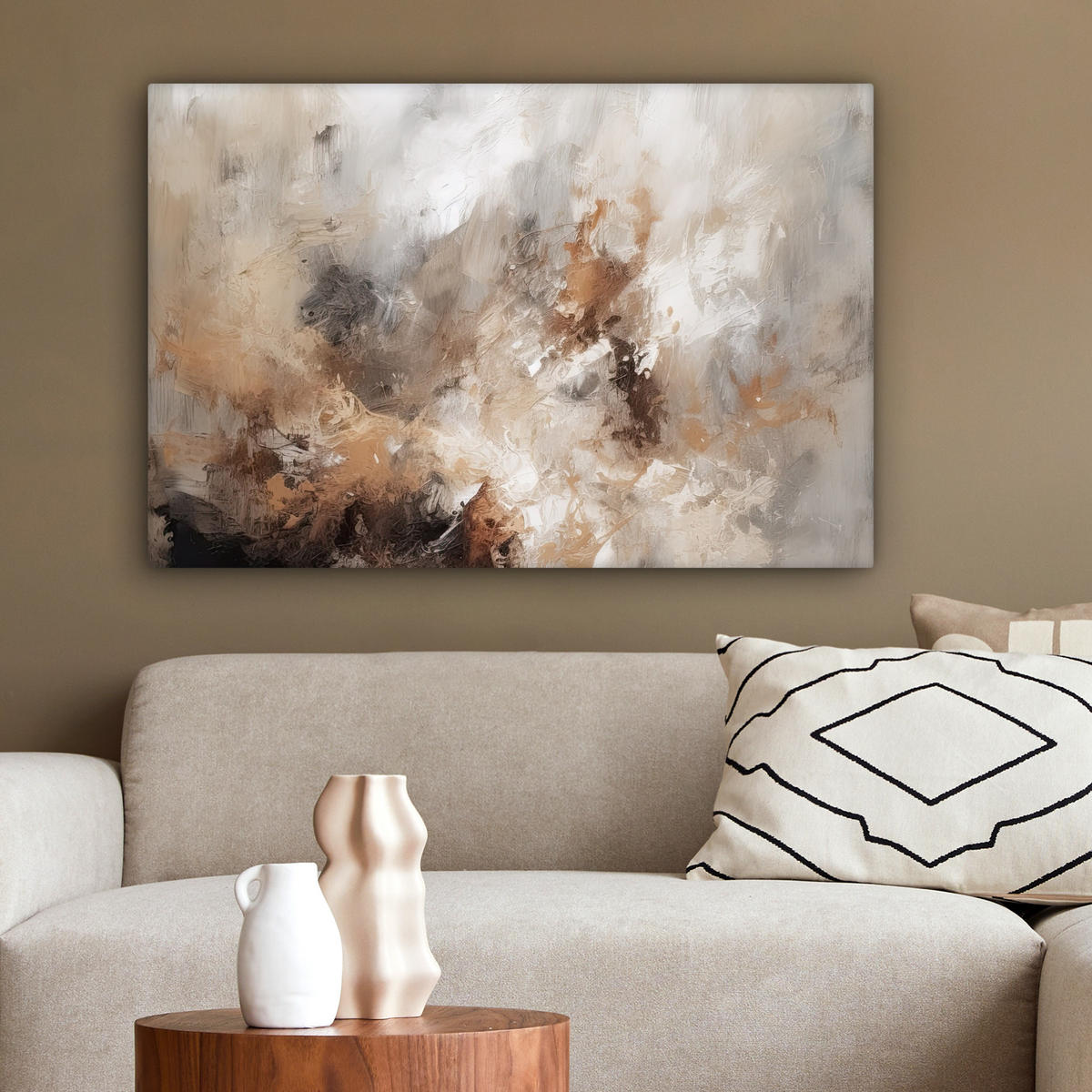 LEINWANDBILD - Farbe - Abstrakt - Beige - Kunst - 60x40 - Wanddeko Schlafzimmer - Greige, Textil (60/40cm) - MuchoWow