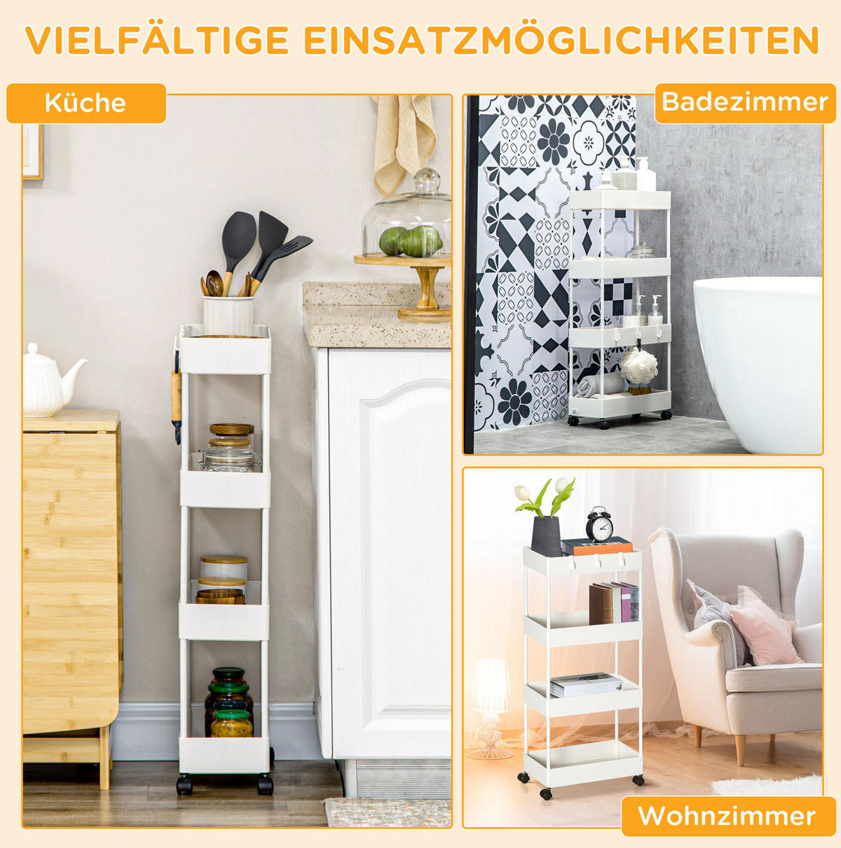 SERVIERWAGEN 40/19/90 cm Weiß mit 4 Ebenen und Rollen - Weiß, Metall (40/90/19cm) - Flora Grace