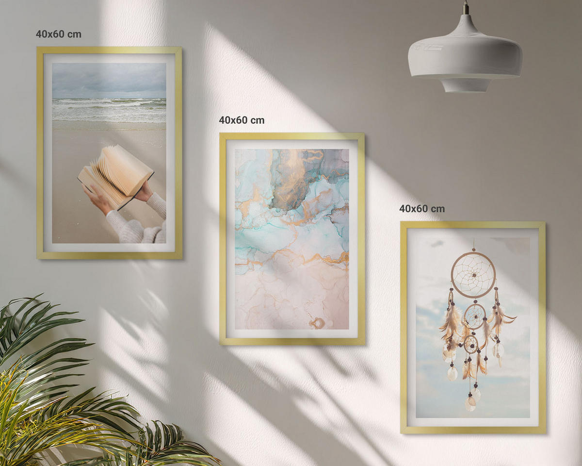 WANDBILDER 3er Set - 40x60 cm Goldrahmen - Abstraktes Meeresbuch Boho - Goldfarben, Kunststoff (40/60cm) - ArtPrintCave