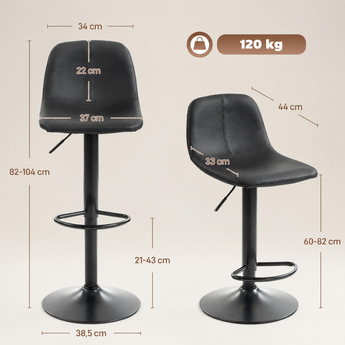 BARHOCKER 2er-Set höhenverstellbar 360° drehbar Schwarz - Schwarz, Kunststoff (44/104/37cm) - MIVRAY