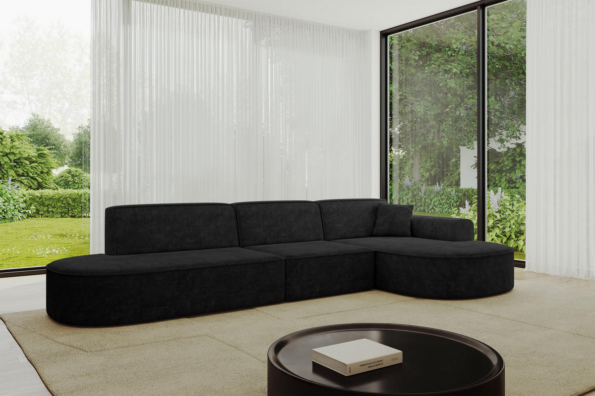 ECKSOFA Ottomane Rechts MARI-L2 - 328x171x79 cm Schwarz Velours - Schwarz, Holzwerkstoff/Kunststoff (171/328cm) - ALTDECOR