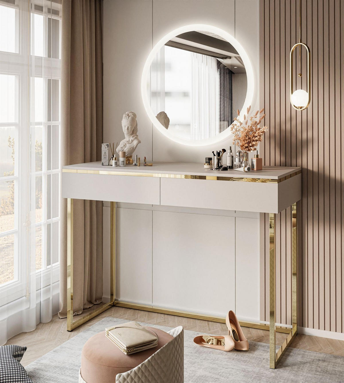 SCHMINKTISCH AURORA GOLD KASCHMIR Schminktisch auf einem goldenen Gestell mit Spiegel - Kaschmir, Holzwerkstoff (102/79/44cm) - Lookway