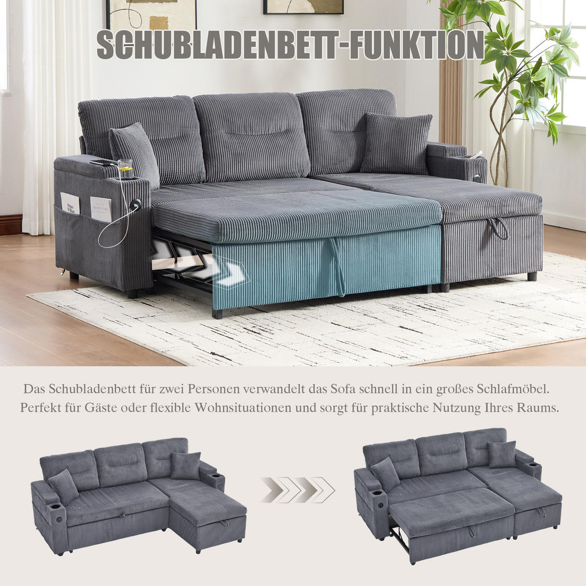 ECKSCHLAFSOFA 3-Sitzer Cord mit Stauraum Schubladenbett und USB-Anschluss Kohlegrau 212,5/136/86 cm - Grau, Textil (136/212.5cm) - Redom