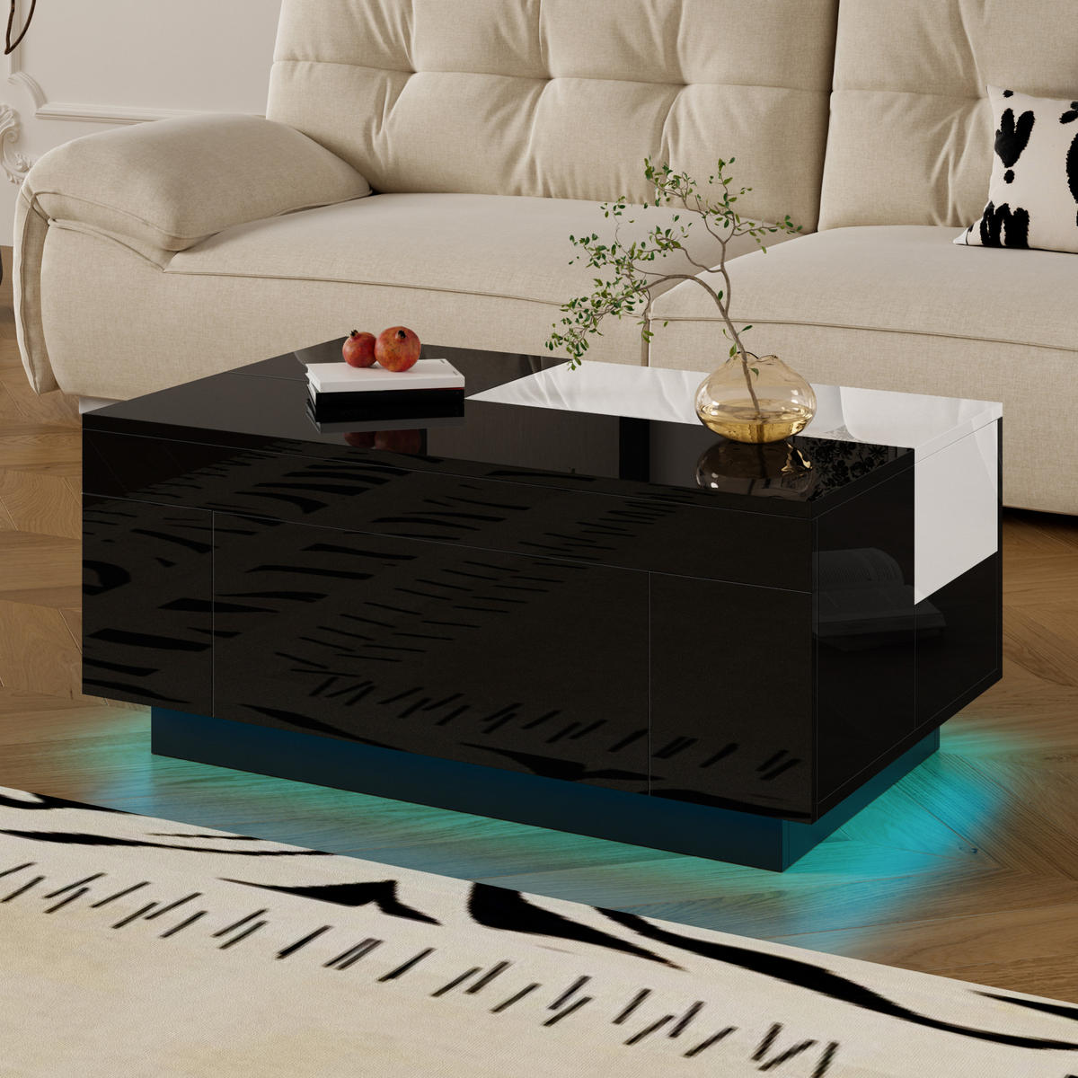 COUCHTISCH Schwarz-Weiß Hochglanz mit LED-Lichtband & ausziehbarer Platte 80×50×35,5 cm aus MDF - Schwarz, Holzwerkstoff (50/80/35.5cm) - Luhomfu