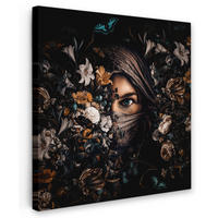 LEINWANDBILD Frau - Luxus - Blumen - Schmetterling - Porträt 20x20 cm - Schwarz, Textil (20/20cm) - MuchoWow
